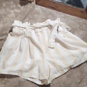 High-Waist Paperbag Tie Shorts in Cream Stripe